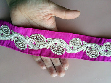Fuchsia Pink Trim With White Pearl Beads And Beige And Gold Embroidery, Approx. 44.5 mm Wide - 200317L530